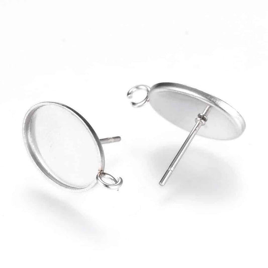 E860 - 10 pcs. 304 Stainless Steel Si;ver Tone Earring Tacks Posts Studs Settings Bezels Cabochons with Loop - Oval - 14mm x 10mm Glue Pad Setting