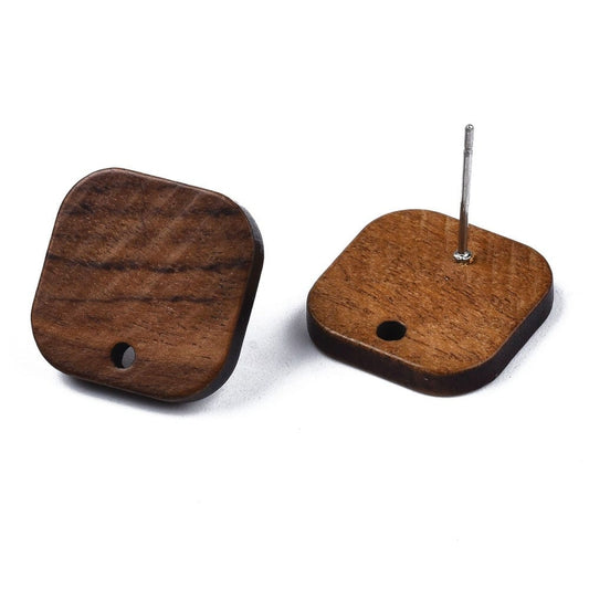 E861 - 10 pcs. 304 Stainless Steel Earring Posts Studs Settings Cabochons Tacks - 16mm - Wood - Brown - Thin Frame - Square
