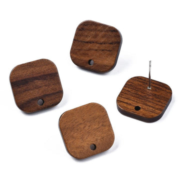 E861 - 10 pcs. 304 Stainless Steel Earring Posts Studs Settings Cabochons Tacks - 16mm - Wood - Brown - Thin Frame - Square