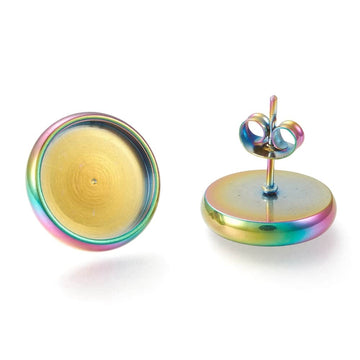 E864 - 10 pcs. 304 Stainless Steel Rainbow Earring Posts Studs Settings Bezels Cabochons Tacks - 12mm Glue Pad Setting - Round Edge Bezel