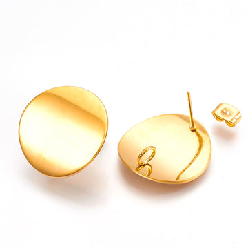 E866 - 10 pcs. (5 pairs) 304 Stainless Steel Gold Earring Posts/Bases/Studs - 20mm Diameter - with Loop - Curved