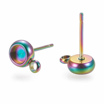 E865 - 10 pcs. 304 Stainless Steel Rainbow Plated Earring Posts Settings Bezels Cabochons Tacks- 4mm Glue Pad Setting - Parallel Loop
