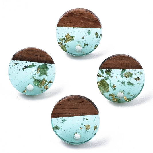 E868 - 10 pcs. 304 Stainless Steel Earring Posts Studs Settings Cabochons Tacks - 14mm - Wood and Resin - Brown and Teal - Gold Foil