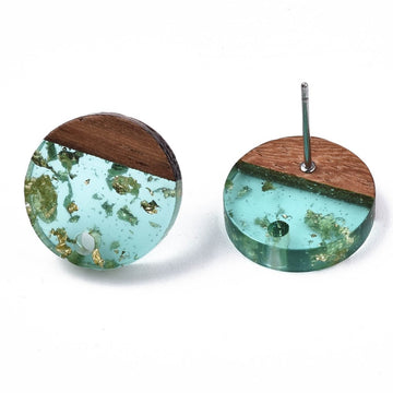 E868 - 10 pcs. 304 Stainless Steel Earring Posts Studs Settings Cabochons Tacks - 14mm - Wood and Resin - Brown and Teal - Gold Foil