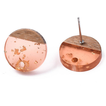 E869 - 10 pcs. 304 Stainless Steel Earring Posts Studs Settings Cabochons Tacks - 14mm - Wood and Resin - Brown and Coral - Gold Foil