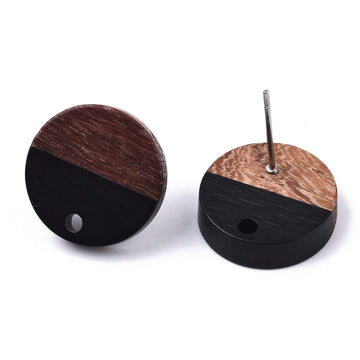 E870 - 10 pcs. 304 Stainless Steel Earring Posts Studs Settings Cabochons Tacks - 15mm Diameter - Wood and Resin - Brown and Black