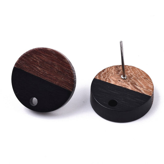 E870 - 10 pcs. 304 Stainless Steel Earring Posts Studs Settings Cabochons Tacks - 15mm Diameter - Wood and Resin - Brown and Black