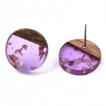 E872 - 10 pcs. 304 Stainless Steel Earring Posts Studs Settings Cabochons Tacks - 14mm - Wood and Resin - Brown and Purple - Gold Foil