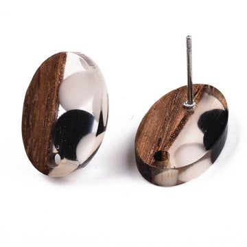 E873 - 10 pcs Wood and Resin 304 Stainless Steel Earring Posts Studs - 15mm Oval - Silver Tone - Black White Dots - Hole: 1.8mm - Rubber Backs