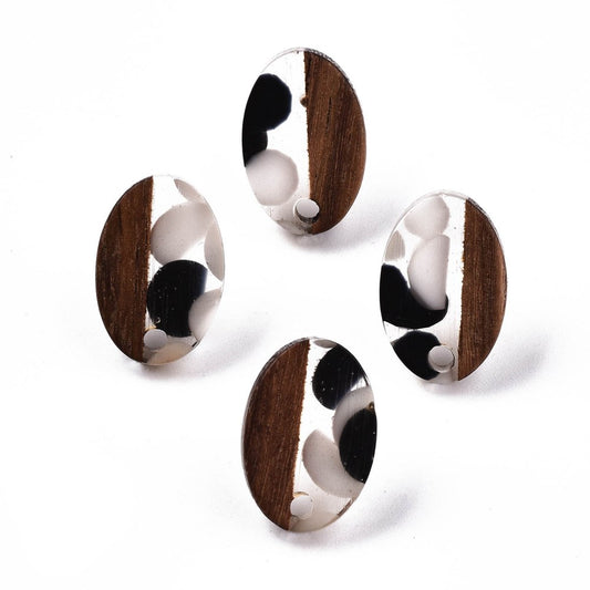 E873 - 10 pcs Wood and Resin 304 Stainless Steel Earring Posts Studs - 15mm Oval - Silver Tone - Black White Dots - Hole: 1.8mm - Rubber Backs