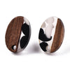E873 - 10 pcs Wood and Resin 304 Stainless Steel Earring Posts Studs - 15mm Oval - Silver Tone - Black White Dots - Hole: 1.8mm - Rubber Backs