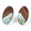 E874 - 10 pcs Wood and Resin 304 Stainless Steel Earring Posts Studs - 15mm Oval - Silver Tone - Gold Foil - Hole: 1.8mm - Rubber Backs - Teal
