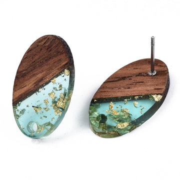 E874 - 10 pcs Wood and Resin 304 Stainless Steel Earring Posts Studs - 15mm Oval - Silver Tone - Gold Foil - Hole: 1.8mm - Rubber Backs - Teal