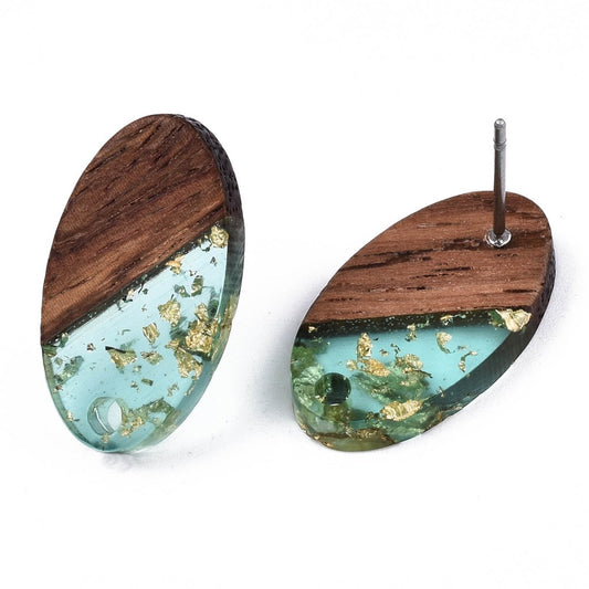 E874 - 10 pcs Wood and Resin 304 Stainless Steel Earring Posts Studs - 15mm Oval - Silver Tone - Gold Foil - Hole: 1.8mm - Rubber Backs - Teal