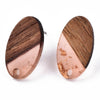 E875 - 10 pcs Wood and Resin 304 Stainless Steel Earring Posts Studs - 15mm Oval - Silver Tone - Gold Foil - Hole: 1.8mm - Rubber Backs - Coral