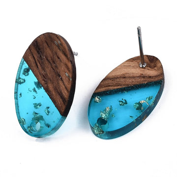 E876 - 10 pcs Wood and Resin 304 Stainless Steel Earring Posts Studs - 15mm Oval - Silver Tone - Gold Foil - Hole: 1.8mm - Rubber Backs - Blue