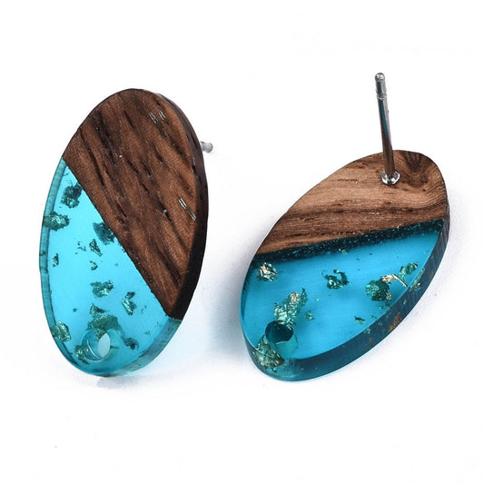 E876 - 10 pcs Wood and Resin 304 Stainless Steel Earring Posts Studs - 15mm Oval - Silver Tone - Gold Foil - Hole: 1.8mm - Rubber Backs - Blue