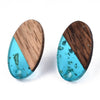 E876 - 10 pcs Wood and Resin 304 Stainless Steel Earring Posts Studs - 15mm Oval - Silver Tone - Gold Foil - Hole: 1.8mm - Rubber Backs - Blue