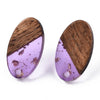 E877 - 10 pcs Wood and Resin 304 Stainless Steel Earring Posts Studs - 15mm Oval - Silver Tone - Gold Foil - Hole: 1.8mm - Rubber Backs - Purple