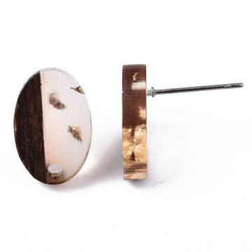 E878 - 10 pcs Wood and Resin 304 Stainless Steel Earring Posts Studs - 15mm Oval - Silver Tone - Gold Foil - Hole: 1.8mm - Rubber Backs