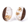 E878 - 10 pcs Wood and Resin 304 Stainless Steel Earring Posts Studs - 15mm Oval - Silver Tone - Gold Foil - Hole: 1.8mm - Rubber Backs