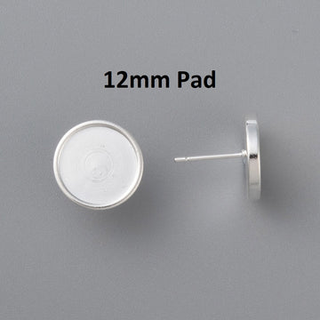 E897 - 10 pcs. 304 Stainless Steel Earring Posts Studs Settings Bezels Cabochons Tacks - 12mm Glue Pad Setting - Shiny Silver - Flat Thick Bezel