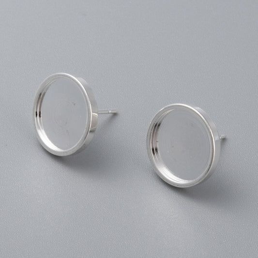 E897 - 10 pcs. 304 Stainless Steel Earring Posts Studs Settings Bezels Cabochons Tacks - 12mm Glue Pad Setting - Shiny Silver - Flat Thick Bezel