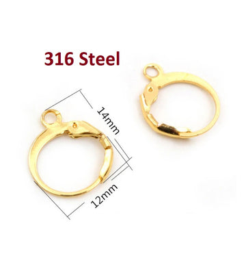 E909 - 10 pcs (5 pairs) 316 Stainless Steel Leverback Earrings - Golden - 14mm x 12mm - Hypoallergenic! Tarnish Resistant!