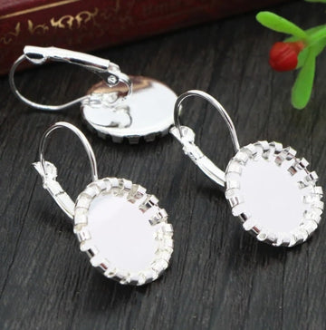 E919 - 10 pcs. Silver Plated Earring Clips Settings Lever Back Bezels Cabochons - 12mm Glue Pad Setting - Bubble Design