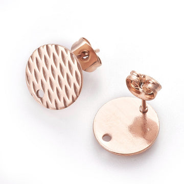 E948 - 10 pcs. (5 pairs) 304 Stainless Steel Rose Gold Plated Earring Posts/Bases/Studs/Settings - 12mm Diameter - Hole Size: 1.8mm - TEXTURED -  Weave Style