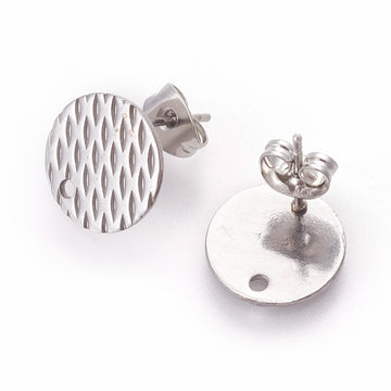 E946 - 10 pcs. (5 pairs) 304 Stainless Steel Silver Tone Earring Posts/Bases/Studs/Settings - 12mm Diameter - Hole Size: 1.8mm - TEXTURED -  Weave Style