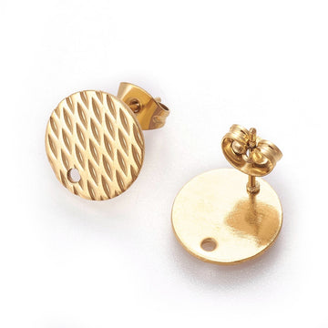 E947 - 10 pcs. (5 pairs) 304 Stainless Steel Gold Plated Earring Posts/Bases/Studs/Settings - 12mm Diameter - Hole Size: 1.8mm - TEXTURED -  Weave Style