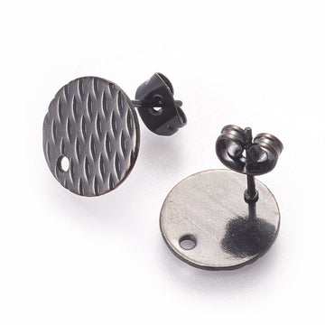 E949 - 10 pcs. (5 pairs) 304 Stainless Steel Black Earring Posts/Bases/Studs/Settings - 12mm Diameter - Hole Size: 1.8mm - TEXTURED -  Weave Style