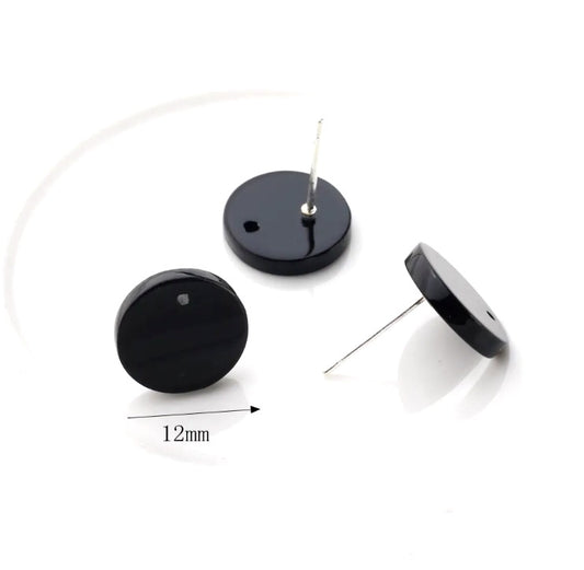 E950 - 10 pcs. 304 Stainless Steel Earring Posts Studs Settings Cabochons Tacks - 12mm Diameter - Acrylic - Black