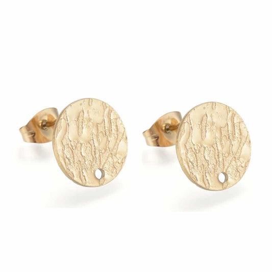 E965 - 10 pcs. (5 pairs) 304 Stainless Steel Gold Plated Earring Posts/Bases/Studs - 12mm Diameter - Hole Size: 1.4mm - TEXTURED - Knockdown