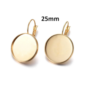 E995 - 10 pcs. 304 Stainless Steel Gold Tone Earring Clips Settings Lever Back Bezels Cabochons - 25mm Glue Pad Setting (1 inch) - Tarnish Resistant!