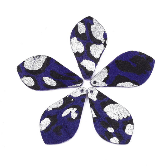 P480 - 6 pcs. Indigo and Black REAL Leather Cowhide Dangle Pendants - Camouflage - Teardrop - 38mm (1.5") - Great for Earrings or Dangles!