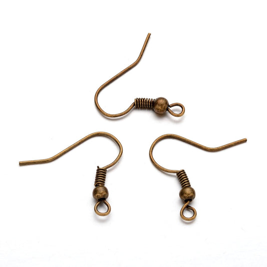 E103 - 200 pcs (100 pairs) Antique Bronze Earring Hooks with Spring and Ball - 19mm x 18mm - Parallel Loop
