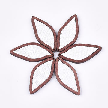 P3549 - 4 pcs. White REAL Leather Cowhide over Wood Dangle Pendants - Rattan - Leaf - 50mm (2") - Great for Earrings or Dangles!