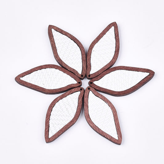 P3549 - 4 pcs. White REAL Leather Cowhide over Wood Dangle Pendants - Rattan - Leaf - 50mm (2") - Great for Earrings or Dangles!