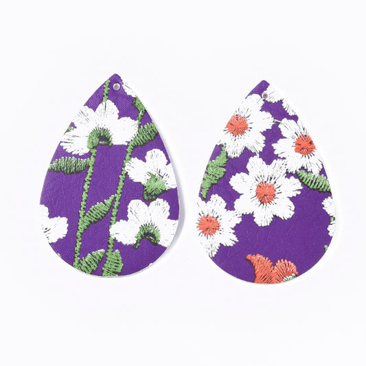 P923 - 10 pcs. Purple, White and Orange Multicolor Floral Embroidered Faux Leather Dangle Charms Pendants - Teardrop - 55mm (2.17") - Double Sided