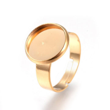 RB047 - 5 pcs. 304 Stainless Steel Golden ADJUSTABLE Cabochon Setting Bezel RING bases settings - Ring Size 7 US - Glue Pad 12mm