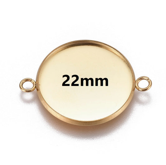P138 - 10 pcs. 304 Stainless Steel Golden Circle Round Bezel Cabochon Cameo Connector Tags Trays - 22mm Glue Pad - Tarnish Resistant!