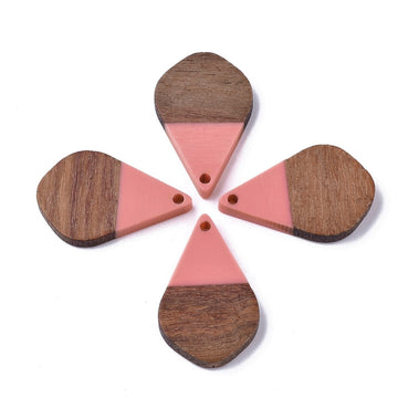 P2035 - 4 pcs. Dark Coral Resin and Wood Teardrop Flat Pendant - 28mm x 18mm - (1.1" x 0.71") - SMALL - Great for Earrings and Necklaces!