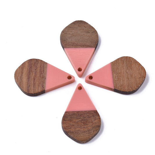 P2035 - 4 pcs. Dark Coral Resin and Wood Teardrop Flat Pendant - 28mm x 18mm - (1.1" x 0.71") - SMALL - Great for Earrings and Necklaces!