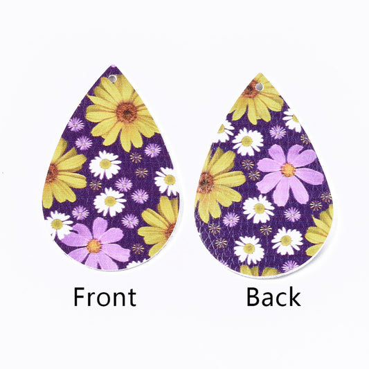 P811 - 10 pcs. Multicolor Floral Faux Leather Dangle Charms Pendants - Yellow Daisy - Teardrop - 55mm (2.17") - Double Sided