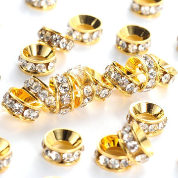 BD291 - 20 pcs. Gold Plated Clear Rhinestone Rondelle Spacer Beads - 7mm x 3.3mm - Hole Size: 3.5mm