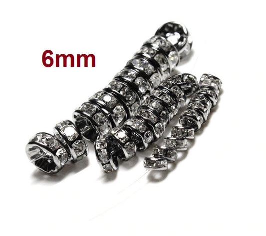 BD273 - 20 pcs Gunmetal Black Clear Rhinestone Rondelle Spacer Beads - 6mm x 3mm - Grade A - Hole Size: 1.5mm - Straight Edge