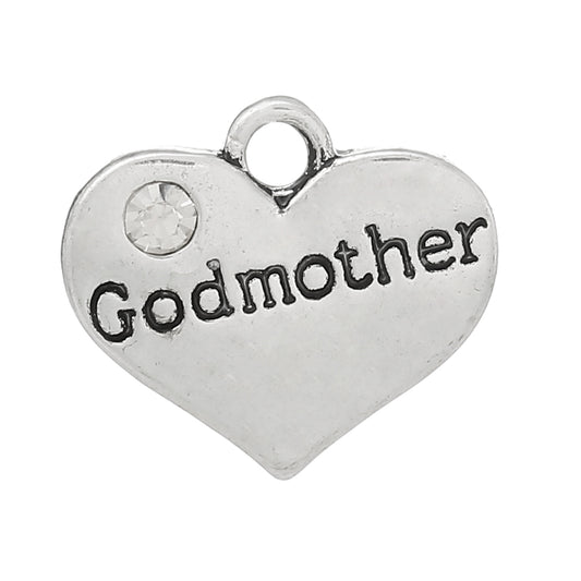 P086 - 10 pcs. Antique Silver "Godmother" charm with rhinestone - 17mm x 14mm