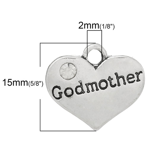 P086 - 10 pcs. Antique Silver "Godmother" charm with rhinestone - 17mm x 14mm